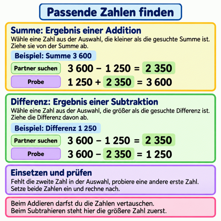 Zwei Beispiele zeigen die Suche nach einem Zahlenpaar. Für die Summe 3 600 wird 1 250 abgezogen; der Partner ist 2 350. Die Probe lautet: 1 250 plus 2 350 ergibt 3 600. Für die Differenz 1 250 wird von der gewählten Zahl 3 600 die Zieldifferenz abgezogen; der Partner ist wieder 2 350. Die Probe lautet: 3 600 minus 2 350 ergibt 1 250. Fehlt die zweite Zahl in der Auswahl, probiere eine andere erste Zahl. Beim Addieren darfst du vertauschen. Beim Subtrahieren steht hier die größere Zahl zuerst. Passende Zahlen finden Summe: Ergebnis einer Addition: Wähle eine Zahl aus der Auswahl, die kleiner als die gesuchte Summe ist. Ziehe sie von der Summe ab. Differenz: Ergebnis einer Subtraktion: Wähle eine Zahl aus der Auswahl, die größer als die gesuchte Differenz ist. Ziehe die Differenz davon ab. Einsetzen und prüfen: Fehlt die zweite Zahl in der Auswahl, probiere eine andere erste Zahl. Setze beide Zahlen ein und rechne nach. Beim Addieren darfst du die Zahlen vertauschen. Beim Subtrahieren steht hier die größere Zahl zuerst. Beispiel: Summe 3 600 Beispiel: Differenz 1 250 Partner suchen Probe 3 600 − 1 250 = 2 350 1 250 + 2 350 = 3 600 3 600 − 2 350 = 1 250