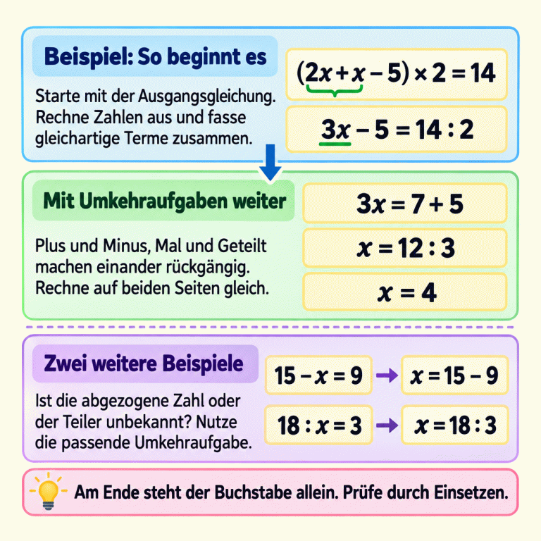 Eine geordnete Beispielkette führt von (2x + x − 5) × 2 = 14 über 3x − 5 = 14 : 2, 3x = 7 + 5 und x = 12 : 3 zur Lösung x = 4. Dabei werden gleichartige Terme zusammengefasst und Rechenarten mit Umkehraufgaben rückgängig gemacht. Auf beiden Seiten wird gleich gerechnet. Zwei getrennte Beispiele zeigen besondere Rollen der Unbekannten: Aus 15 − x = 9 folgt x = 15 − 9. Aus 18 : x = 3 folgt x = 18 : 3. Zum Schluss steht der Buchstabe allein; die Lösung wird durch Einsetzen geprüft. Beispiel: So beginnt es: Starte mit der Ausgangsgleichung. Rechne Zahlen aus und fasse gleichartige Terme zusammen. Mit Umkehraufgaben weiter: Plus und Minus, Mal und Geteilt machen einander rückgängig. Rechne auf beiden Seiten gleich. Zwei weitere Beispiele: Ist die abgezogene Zahl oder der Teiler unbekannt? Nutze die passende Umkehraufgabe. Am Ende steht der Buchstabe allein. Prüfe durch Einsetzen. (2x + x − 5) × 2 = 14 3x − 5 = 14 : 2 3x = 7 + 5 x = 12 : 3 x = 4 15 − x = 9 x = 15 − 9 18 : x = 3 x = 18 : 3