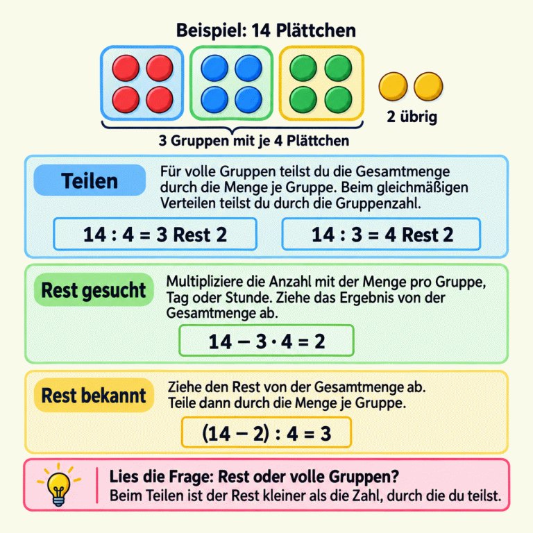 Ein Beispiel zeigt 14 Plättchen: drei Gruppen mit je vier Plättchen und zwei übrige. 14 geteilt durch 4 ergibt 3 Rest 2; geteilt durch 3 ergibt es 4 Rest 2. Der Rest wird auch mit 14 minus 3 mal 4 berechnet. Ist der Rest bekannt, wird zuerst 2 von 14 abgezogen und danach durch 4 geteilt: drei Gruppen. Die Frage entscheidet, ob Rest oder volle Gruppen gesucht sind. Beim Teilen ist der Rest kleiner als die Zahl, durch die geteilt wird. Teilen: Für volle Gruppen teilst du die Gesamtmenge durch die Menge je Gruppe. Beim gleichmäßigen Verteilen teilst du durch die Gruppenzahl. Rest gesucht: Multipliziere die Anzahl mit der Menge pro Gruppe, Tag oder Stunde. Ziehe das Ergebnis von der Gesamtmenge ab. Rest bekannt: Ziehe den Rest von der Gesamtmenge ab. Teile dann durch die Menge je Gruppe. Lies die Frage: Rest oder volle Gruppen? Beim Teilen ist der Rest kleiner als die Zahl, durch die du teilst. Beispiel: 14 Plättchen 3 Gruppen mit je 4 Plättchen 2 übrig 14 : 4 = 3 Rest 2 14 : 3 = 4 Rest 2 14 − 3 · 4 = 2 (14 − 2) : 4 = 3