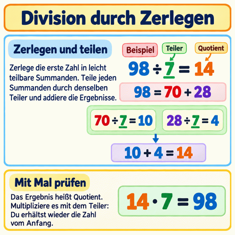 Ein Lehrbeispiel zeigt die Division durch Zerlegen: 98 geteilt durch 7 ergibt 14. Die 7 ist der Teiler, die 14 der Quotient. 98 wird in 70 und 28 zerlegt. 70 geteilt durch 7 ergibt 10, und 28 geteilt durch 7 ergibt 4. Die Teilquotienten werden addiert: 10 plus 4 ergibt 14. Die Probe lautet: 14 mal 7 ergibt wieder 98. Division durch Zerlegen Zerlegen und teilen: Zerlege die erste Zahl in leicht teilbare Summanden. Teile jeden Summanden durch denselben Teiler und addiere die Ergebnisse. Mit Mal prüfen: Das Ergebnis heißt Quotient. Multipliziere es mit dem Teiler: Du erhältst wieder die Zahl vom Anfang. Beispiel 98 ÷ 7 = 14 Teiler Quotient 98 = 70 + 28 70 ÷ 7 = 10 28 ÷ 7 = 4 10 + 4 = 14 14 · 7 = 98