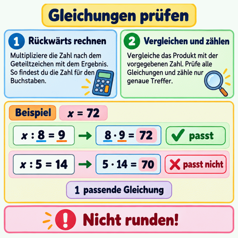 Die Zahl nach dem Geteiltzeichen wird mit dem Ergebnis multipliziert und das Produkt mit dem vorgegebenen Wert verglichen. Im Beispiel mit x = 72 passt x : 8 = 9, denn 8 · 9 = 72. x : 5 = 14 passt nicht, denn 5 · 14 = 70. Im Beispiel gibt es eine passende Gleichung. Prüfe alle Gleichungen und zähle nur genaue Treffer. Nicht runden. Gleichungen prüfen Rückwärts rechnen: Multipliziere die Zahl nach dem Geteiltzeichen mit dem Ergebnis. So findest du die Zahl für den Buchstaben. Vergleichen und zählen: Vergleiche das Produkt mit der vorgegebenen Zahl. Prüfe alle Gleichungen und zähle nur genaue Treffer. Nicht runden! Beispiel x = 72 x : 8 = 9 8 · 9 = 72 passt x : 5 = 14 5 · 14 = 70 passt nicht 1 passende Gleichung 1 2 ✓ ✗ !