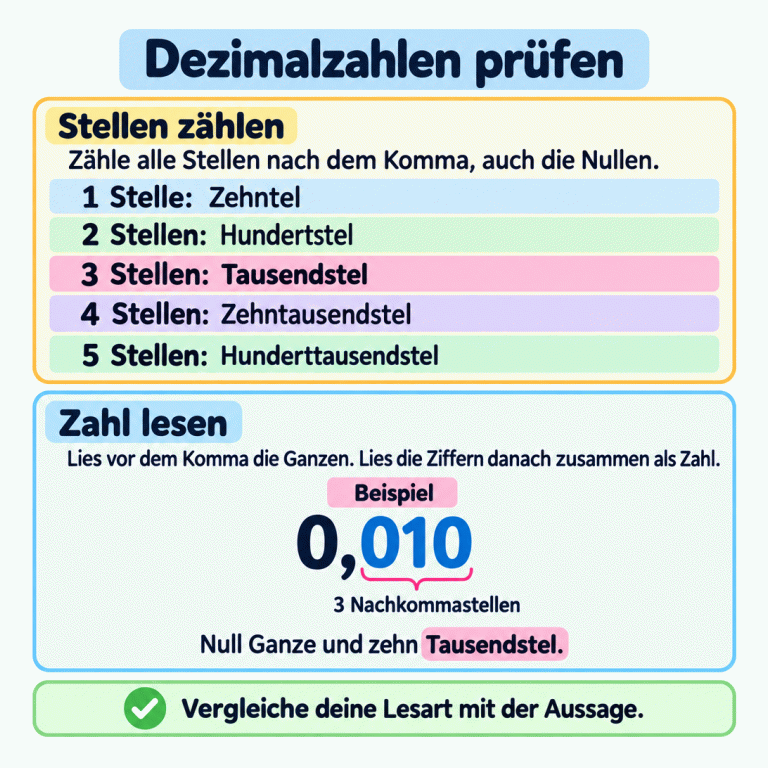 Zähle alle Stellen nach dem Komma, auch Nullen: Eine Stelle bedeutet Zehntel, zwei Hundertstel, drei Tausendstel, vier Zehntausendstel und fünf Hunderttausendstel. Lies vor dem Komma die Ganzen und danach alle Ziffern zusammen als Zahl. Das Lehrbeispiel 0,010 hat drei Nachkommastellen und wird als „Null Ganze und zehn Tausendstel“ gelesen. Vergleiche deine Lesart mit der Aussage. Dezimalzahlen prüfen Stellen zählen: Zähle alle Stellen nach dem Komma, auch die Nullen. Zahl lesen: Lies vor dem Komma die Ganzen. Lies die Ziffern danach zusammen als Zahl. Vergleiche deine Lesart mit der Aussage. 1 Stelle: Zehntel 2 Stellen: Hundertstel 3 Stellen: Tausendstel 4 Stellen: Zehntausendstel 5 Stellen: Hunderttausendstel Beispiel 0,010 3 Nachkommastellen Null Ganze und zehn Tausendstel. ✓