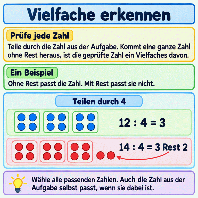 Teile jede angebotene Zahl durch die Zahl aus der Aufgabe. Eine ganze Zahl als Ergebnis ohne Rest bedeutet: Die geprüfte Zahl ist ein Vielfaches. Beispiel Teilen durch 4: Zwölf Punkte bilden drei volle Vierergruppen; 12 : 4 = 3, ohne Rest. Vierzehn Punkte bilden drei volle Vierergruppen mit zwei übrigen Punkten; 14 : 4 = 3 Rest 2. Wähle alle passenden Zahlen, auch die Zahl aus der Aufgabe selbst, wenn sie angeboten wird. Vielfache erkennen Prüfe jede Zahl: Teile durch die Zahl aus der Aufgabe. Kommt eine ganze Zahl ohne Rest heraus, ist die geprüfte Zahl ein Vielfaches davon. Ein Beispiel: Ohne Rest passt die Zahl. Mit Rest passt sie nicht. Wähle alle passenden Zahlen. Auch die Zahl aus der Aufgabe selbst passt, wenn sie dabei ist. Teilen durch 4 12 : 4 = 3 14 : 4 = 3 Rest 2