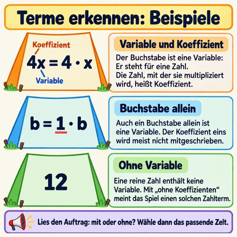 Drei Termbeispiele stehen untereinander. Bei 4x = 4 · x ist 4 der Koeffizient und x die Variable. b = 1 · b zeigt, dass auch ein Buchstabe allein eine Variable mit dem Koeffizienten eins ist. Die reine Zahl 12 enthält keine Variable; einen solchen Zahlterm meint das Spiel mit „ohne Koeffizienten“. Der Auftrag entscheidet, welcher Term zum gesuchten Merkmal passt. Terme erkennen: Beispiele Variable und Koeffizient: Der Buchstabe ist eine Variable: Er steht für eine Zahl. Die Zahl, mit der sie multipliziert wird, heißt Koeffizient. Buchstabe allein: Auch ein Buchstabe allein ist eine Variable. Der Koeffizient eins wird meist nicht mitgeschrieben. Ohne Variable: Eine reine Zahl enthält keine Variable. Mit „ohne Koeffizienten“ meint das Spiel einen solchen Zahlterm. Lies den Auftrag: mit oder ohne? Wähle dann das passende Zelt. 4x = 4 · x Koeffizient Variable b = 1 · b 12