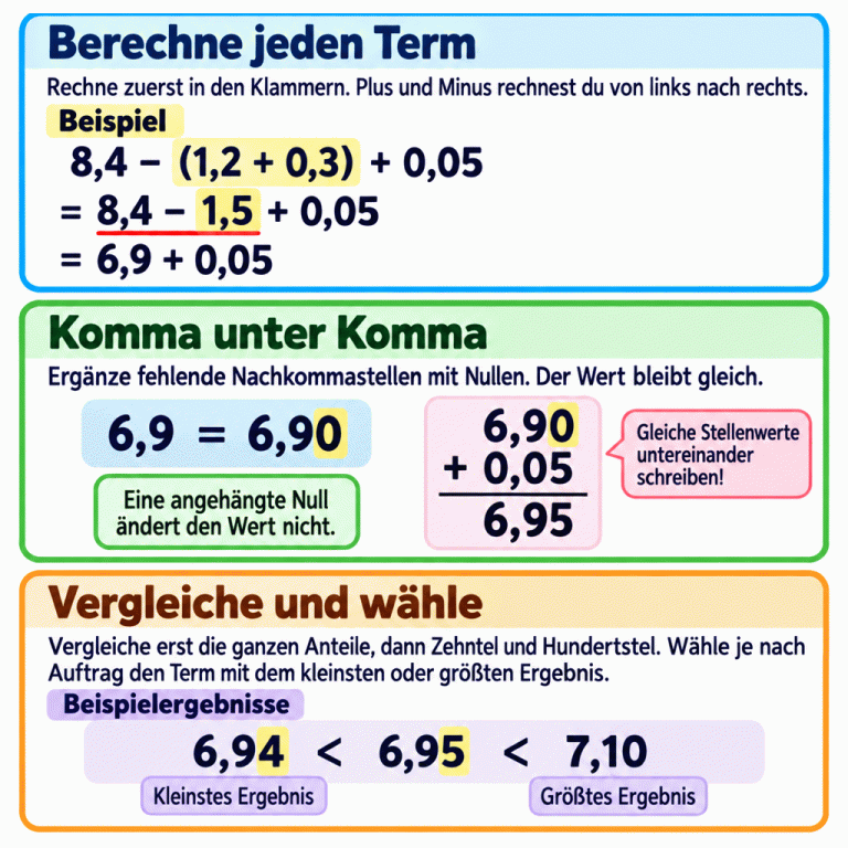 Drei Abschnitte erklären das Vergleichen von Termen: zuerst Klammern berechnen, Plus und Minus von links nach rechts ausführen und Kommazahlen stellenwertgerecht schreiben. Das Rechenbeispiel 8,4 − (1,2 + 0,3) + 0,05 führt zu 6,9 + 0,05. Weil 6,9 gleich 6,90 ist, ergibt die schriftliche Addition 6,95. Bei den Beispielergebnissen gilt: 6,94 ist kleiner als 6,95, und 6,95 ist kleiner als 7,10. Das kleinste Ergebnis ist hier 6,94, das größte 7,10. Gewählt wird je nach Auftrag der passende Term. Berechne jeden Term: Rechne zuerst in den Klammern. Plus und Minus rechnest du von links nach rechts. Komma unter Komma: Ergänze fehlende Nachkommastellen mit Nullen. Der Wert bleibt gleich. Vergleiche und wähle: Vergleiche erst die ganzen Anteile, dann Zehntel und Hundertstel. Wähle je nach Auftrag den Term mit dem kleinsten oder größten Ergebnis. Beispiel 8,4 − (1,2 + 0,3) + 0,05 = 8,4 − 1,5 + 0,05 = 6,9 + 0,05 6,9 = 6,90 6,90
+ 0,05
6,95 Beispielergebnisse 6,94 < 6,95 < 7,10 Kleinstes Ergebnis Größtes Ergebnis Eine angehängte Null
ändert den Wert nicht. Gleiche Stellenwerte
untereinander
schreiben!