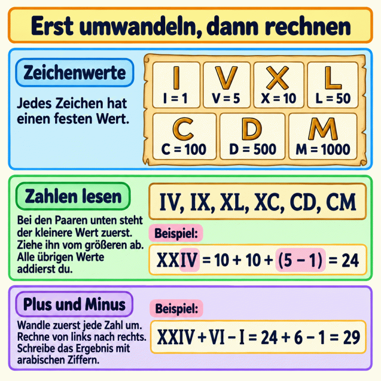 Die Lernkarte erklärt: Zeichenwerte nachschlagen, römische Zahlen lesen, dann rechnen. Die Wertetabelle zeigt I = 1, V = 5, X = 10, L = 50, C = 100, D = 500 und M = 1000. Bei IV, IX, XL, XC, CD und CM wird der kleinere Wert vom größeren abgezogen. Alle übrigen Zeichenwerte werden addiert. Das erste Beispiel zeigt XXIV als 10 plus 10 plus die Differenz aus 5 und 1, also 24. Das zweite Beispiel lautet XXIV plus VI minus I, also 24 plus 6 minus 1 gleich 29. Plus und Minus werden von links nach rechts gerechnet. Das Ergebnis wird mit arabischen Ziffern geschrieben. Erst umwandeln, dann rechnen Zeichenwerte: Jedes Zeichen hat einen festen Wert. Zahlen lesen: Bei den Paaren unten steht der kleinere Wert zuerst. Ziehe ihn vom größeren ab. Alle übrigen Werte addierst du. Plus und Minus: Wandle zuerst jede Zahl um. Rechne von links nach rechts. Schreibe das Ergebnis mit arabischen Ziffern. I = 1 V = 5 X = 10 L = 50 C = 100 D = 500 M = 1000 IV, IX, XL, XC, CD, CM Beispiel: XXIV = 10 + 10 + (5 − 1) = 24 XXIV + VI − I = 24 + 6 − 1 = 29 I V X L C D M