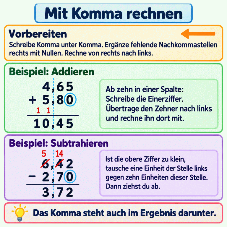 Zwei Beispiele zeigen schriftliches Rechnen mit Dezimalzahlen. Die Kommas stehen jeweils untereinander; fehlende Nachkommastellen werden rechts mit Nullen ergänzt. Gerechnet wird von rechts nach links. Beim Addieren ergibt 4,65 plus 5,80 das Ergebnis 10,45, mit je einem Übertrag in die Einer- und Zehnerspalte. Beim Subtrahieren ergibt 6,42 minus 2,70 das Ergebnis 3,72. Dafür werden aus sechs Einern und vier Zehnteln fünf Einer und vierzehn Zehntel; die zwei Hundertstel bleiben gleich. Mit Komma rechnen Vorbereiten: Schreibe Komma unter Komma. Ergänze fehlende Nachkommastellen rechts mit Nullen. Rechne von rechts nach links. Beispiel: Addieren: Ab zehn in einer Spalte: Schreibe die Einerziffer. Übertrage den Zehner nach links und rechne ihn dort mit. Beispiel: Subtrahieren: Ist die obere Ziffer zu klein, tausche eine Einheit der Stelle links gegen zehn Einheiten dieser Stelle. Dann ziehst du ab. Das Komma steht auch im Ergebnis darunter. 4,65 + 5,80 10,45 1 6,42 − 2,70 3,72 5 14