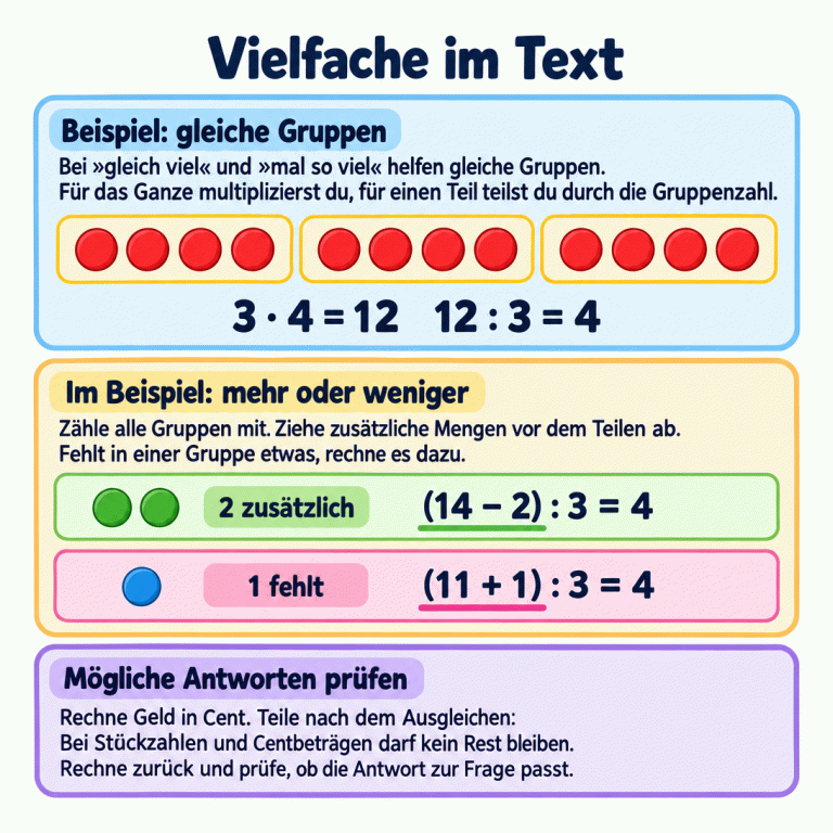 Eine Lernkarte zu Vielfachen zeigt als Beispiel drei Gruppen mit je vier Plättchen, zusammen zwölf. Drei mal vier ergibt zwölf; zwölf geteilt durch drei ergibt vier. Bei vierzehn mit zwei zusätzlichen Einheiten werden vor dem Teilen zwei abgezogen. Bei elf mit einer fehlenden Einheit wird zuerst eins ergänzt. Die Gruppenzahl bleibt jeweils drei. Nach diesem Ausgleichen muss eine mögliche Antwort bei Stückzahlen und ganzen Centbeträgen ohne Rest teilbar sein. Geld wird in Cent umgerechnet; durch Zurückrechnen wird geprüft, ob die Antwort zur Frage passt. Vielfache im Text Beispiel: gleiche Gruppen: Bei »gleich viel« und »mal so viel« helfen gleiche Gruppen. Für das Ganze multiplizierst du, für einen Teil teilst du durch die Gruppenzahl. Im Beispiel: mehr oder weniger: Zähle alle Gruppen mit. Ziehe zusätzliche Mengen vor dem Teilen ab. Fehlt in einer Gruppe etwas, rechne es dazu. Mögliche Antworten prüfen: Rechne Geld in Cent. Teile nach dem Ausgleichen: Bei Stückzahlen und Centbeträgen darf kein Rest bleiben. Rechne zurück und prüfe, ob die Antwort zur Frage passt. 3 · 4 = 12 12 : 3 = 4 2 zusätzlich (14 − 2) : 3 = 4 1 fehlt (11 + 1) : 3 = 4