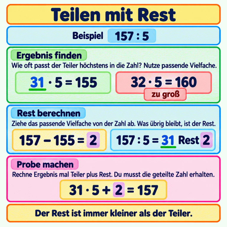 Ein Beispiel erklärt das Teilen mit Rest: 157 geteilt durch 5. 31 mal 5 ergibt 155; 32 mal 5 ergibt 160 und ist schon zu groß. 157 minus 155 ergibt 2. Das Ergebnis ist 31 mit Rest 2. Die Probe 31 mal 5 plus 2 ergibt wieder 157. Der Rest ist kleiner als der Teiler. Teilen mit Rest Ergebnis finden: Wie oft passt der Teiler höchstens in die Zahl? Nutze passende Vielfache. Rest berechnen: Ziehe das passende Vielfache von der Zahl ab. Was übrig bleibt, ist der Rest. Probe machen: Rechne Ergebnis mal Teiler plus Rest. Du musst die geteilte Zahl erhalten. Der Rest ist immer kleiner als der Teiler. Beispiel 157 : 5 31 · 5 = 155 32 · 5 = 160 zu groß 157 − 155 = 2 157 : 5 = 31 Rest 2 31 · 5 + 2 = 157