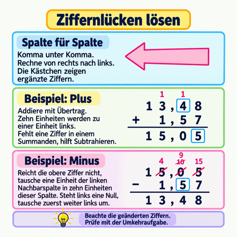 Zwei schriftliche Umkehraufgaben mit Kommas untereinander: 13,48 plus 1,57 ergibt 15,05; 15,05 minus 1,57 ergibt 13,48. Kästchen zeigen ergänzte Ziffern: die 4 des ersten Summanden und die letzte 5 im Plus-Ergebnis sowie die 5 des Subtrahenden. Zwei Einsen zeigen die Überträge. Bei Minus wird umgetauscht: Aus 5 Einern werden 4, aus 0 Zehnteln zunächst 10 und dann 9, aus 5 Hundertsteln werden 15. Rechne von rechts nach links und prüfe mit der Umkehraufgabe. Ziffernlücken lösen Spalte für Spalte: Komma unter Komma. Rechne von rechts nach links. Die Kästchen zeigen ergänzte Ziffern. Beispiel: Plus: Addiere mit Übertrag. Zehn Einheiten werden zu einer Einheit links. Fehlt eine Ziffer in einem Summanden, hilft Subtrahieren. Beispiel: Minus: Reicht die obere Ziffer nicht, tausche eine Einheit der linken Nachbarspalte in zehn Einheiten dieser Spalte. Steht links eine Null, tausche zuerst weiter links um. Beachte die geänderten Ziffern. Prüfe mit der Umkehraufgabe. 13,48 1,57 15,05 + − 1 4 10 9 15