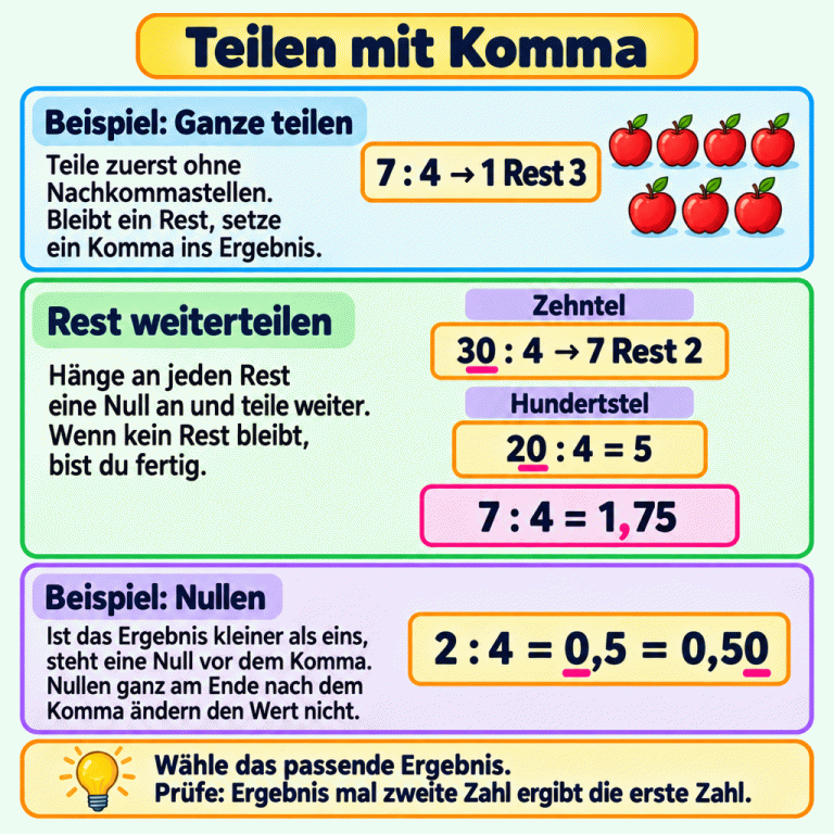 Lernkarte zum Teilen mit Komma. Im Lehrbeispiel 7 geteilt durch 4 entstehen zunächst ein Ganzes und Rest 3. Die 3 Ganzen werden als 30 Zehntel weitergeteilt: 7 Zehntel und Rest 2 Zehntel. Daraus werden 20 Hundertstel, die geteilt durch 4 genau 5 Hundertstel ergeben. Das vollständige Ergebnis ist 1,75. Ein zweites Beispiel zeigt: 2 geteilt durch 4 ist 0,5 und ebenso 0,50. Die Null vor dem Komma ist nötig; eine Endnull nach dem Komma ändert den Wert nicht. Zur Probe wird das Ergebnis mit der zweiten Zahl multipliziert. Teilen mit Komma Beispiel: Ganze teilen: Teile zuerst ohne Nachkommastellen. Bleibt ein Rest, setze ein Komma ins Ergebnis. Rest weiterteilen: Hänge an jeden Rest eine Null an und teile weiter. Wenn kein Rest bleibt, bist du fertig. Beispiel: Nullen: Ist das Ergebnis kleiner als eins, steht eine Null vor dem Komma. Nullen ganz am Ende nach dem Komma ändern den Wert nicht. Wähle das passende Ergebnis. Prüfe: Ergebnis mal zweite Zahl ergibt die erste Zahl. 7 : 4 → 1 Rest 3 Zehntel 30 : 4 → 7 Rest 2 Hundertstel 20 : 4 = 5 7 : 4 = 1,75 2 : 4 = 0,5 = 0,50