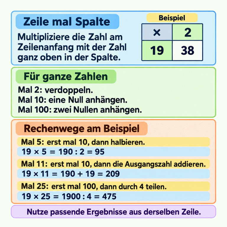 Lernkarte für fehlende Produkte in einer Multiplikationstabelle. Zeilenfaktor mal Spaltenfaktor ergibt das gemeinsame Feld; das Tabellenbeispiel zeigt 19 mal 2 gleich 38. Für ganze Zahlen: mal 2 verdoppeln, mal 10 eine Null und mal 100 zwei Nullen anhängen. Drei Beispiele zeigen weitere Wege: 19 mal 5 ist 190 geteilt durch 2, also 95; 19 mal 11 ist 190 plus 19, also 209; 19 mal 25 ist 1900 geteilt durch 4, also 475. Passende vorhandene Ergebnisse derselben Zeile können helfen. Zeile mal Spalte: Multipliziere die Zahl am Zeilenanfang mit der Zahl ganz oben in der Spalte. Für ganze Zahlen: Mal 2: verdoppeln.
Mal 10: eine Null anhängen.
Mal 100: zwei Nullen anhängen. Rechenwege am Beispiel: Mal 5: erst mal 10, dann halbieren.
Mal 11: erst mal 10, dann die Ausgangszahl addieren.
Mal 25: erst mal 100, dann durch 4 teilen. Nutze passende Ergebnisse aus derselben Zeile. Beispiel × 2 19 38 19 × 5 = 190 : 2 = 95 19 × 11 = 190 + 19 = 209 19 × 25 = 1900 : 4 = 475