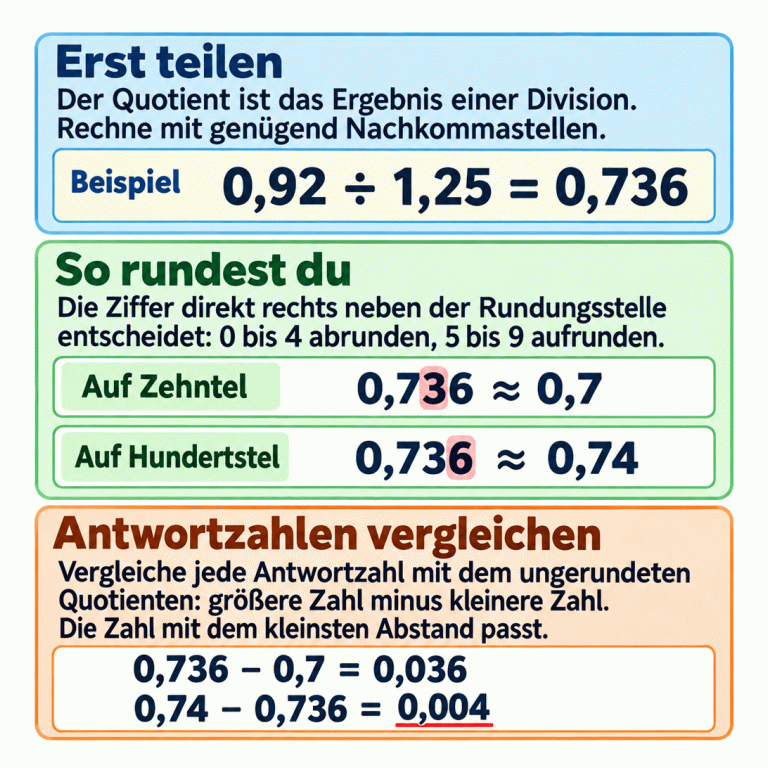 Drei Abschnitte erklären Teilen, Runden und Vergleichen. Im frei gewählten Beispiel ergibt 0,92 geteilt durch 1,25 genau 0,736. Auf Zehntel wird wegen der folgenden 3 zu 0,7 abgerundet. Auf Hundertstel wird wegen der folgenden 6 zu 0,74 aufgerundet. Danach werden beide Werte mit dem ungerundeten Quotienten verglichen: Der Abstand zu 0,7 beträgt 0,036, der Abstand zu 0,74 beträgt 0,004. Werden diese beiden Zahlen angeboten, ist 0,74 näher. Entscheidend ist immer der kleinste Abstand zum Quotienten, nicht eine feste Antwortzahl oder Stellenzahl. Erst teilen: Der Quotient ist das Ergebnis einer Division. Rechne mit genügend Nachkommastellen. So rundest du: Die Ziffer direkt rechts neben der Rundungsstelle entscheidet: 0 bis 4 abrunden, 5 bis 9 aufrunden. Antwortzahlen vergleichen: Vergleiche jede Antwortzahl mit dem ungerundeten Quotienten: größere Zahl minus kleinere Zahl. Die Zahl mit dem kleinsten Abstand passt. Beispiel 0,92 ÷ 1,25 = 0,736 Auf Zehntel 0,736 ≈ 0,7 Auf Hundertstel 0,736 ≈ 0,74 0,736 − 0,7 = 0,036 0,74 − 0,736 = 0,004
