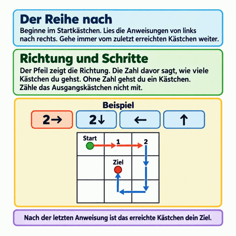 Eine Erklärung zum Ausführen von Pfeilbefehlen im Kästchengitter: am Start beginnen, die Anweisungen von links nach rechts ausführen und jeweils vom zuletzt erreichten Kästchen weitergehen. Die Zahl vor einem Pfeil nennt die Kästchenschritte; ohne Zahl ist es ein Schritt. Das Ausgangskästchen zählt nicht mit. Das gekennzeichnete Beispiel führt zwei Kästchen nach rechts, zwei nach unten, eines nach links und eines nach oben. Die ersten beiden betretenen Kästchen sind mit eins und zwei gezählt. Das endgültige Ziel liegt ein Kästchen rechts und eines unter dem Start. Der Reihe nach: Beginne im Startkästchen. Lies die Anweisungen von links nach rechts. Gehe immer vom zuletzt erreichten Kästchen weiter. Richtung und Schritte: Der Pfeil zeigt die Richtung. Die Zahl davor sagt, wie viele Kästchen du gehst. Ohne Zahl gehst du ein Kästchen. Zähle das Ausgangskästchen nicht mit. Nach der letzten Anweisung ist das erreichte Kästchen dein Ziel. Beispiel 2→ 2↓ ← ↑ Start 1 2 Ziel