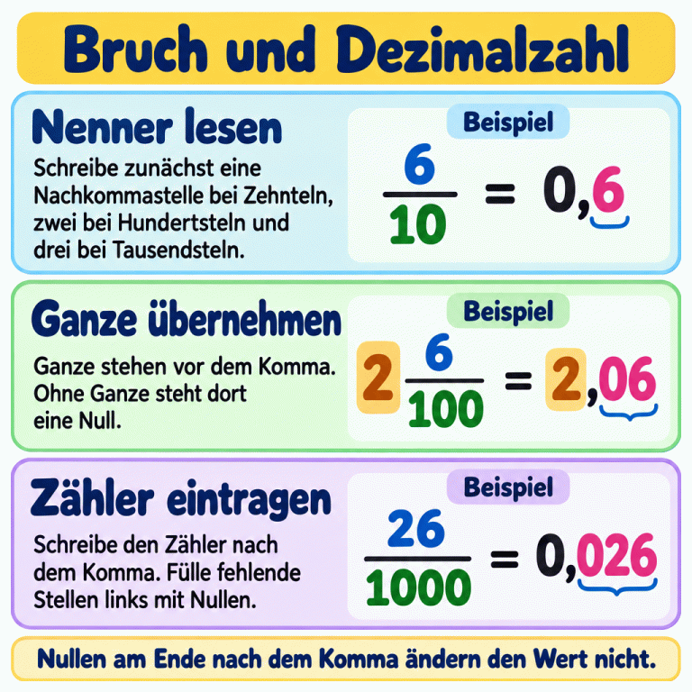 Drei Lehrbeispiele: Sechs Zehntel entsprechen 0,6. Zwei Ganze und sechs Hundertstel entsprechen 2,06. Sechsundzwanzig Tausendstel entsprechen 0,026. Der Nenner bestimmt zunächst die Zahl der Nachkommastellen. Ganze stehen vor dem Komma; fehlende Stellen werden links mit Nullen ergänzt. Endnullen nach dem Komma ändern den Wert nicht. Bruch und Dezimalzahl Nenner lesen: Schreibe zunächst eine Nachkommastelle bei Zehnteln, zwei bei Hundertsteln und drei bei Tausendsteln. Ganze übernehmen: Ganze stehen vor dem Komma. Ohne Ganze steht dort eine Null. Zähler eintragen: Schreibe den Zähler nach dem Komma. Fülle fehlende Stellen links mit Nullen. Nullen am Ende nach dem Komma ändern den Wert nicht. 6 10 0,6 2 100 2,06 26 1000 0,026 = Beispiel