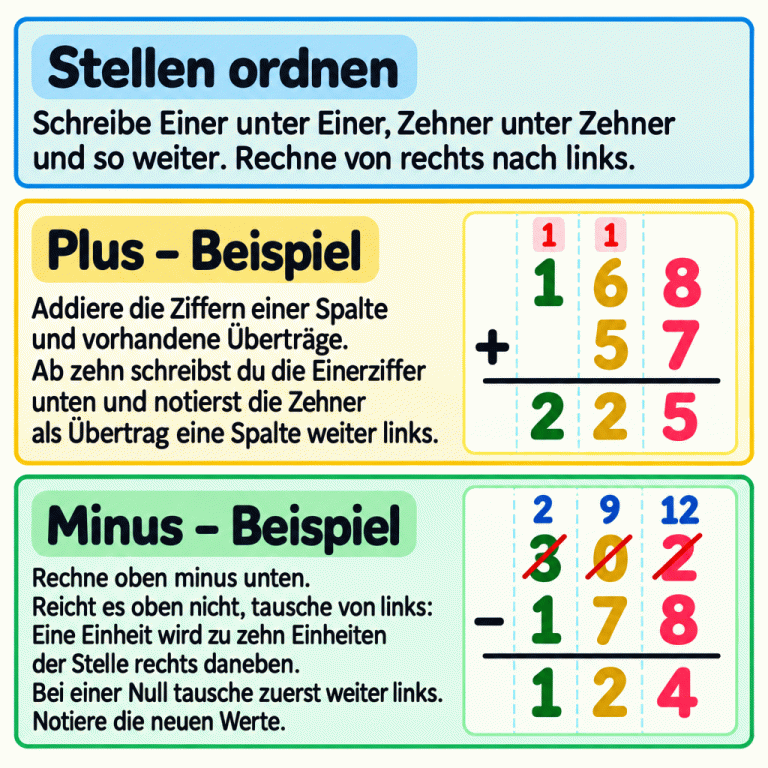 Zwei Lehrbeispiele zum schriftlichen Rechnen. Gleiche Stellenwerte stehen untereinander; gerechnet wird von rechts nach links. 168 plus 57 ergibt 225, mit je einem Übertrag zur Zehner- und Hunderterstelle. Bei 302 minus 178 stehen über den gestrichenen oberen Ziffern die neuen Werte: zwei Hunderter, neun Zehner und zwölf Einer. Damit ergibt sich 124. Stellen ordnen: Schreibe Einer unter Einer, Zehner unter Zehner und so weiter. Rechne von rechts nach links. Plus – Beispiel: Addiere die Ziffern einer Spalte und vorhandene Überträge. Ab zehn schreibst du die Einerziffer unten und notierst die Zehner als Übertrag eine Spalte weiter links. Minus – Beispiel: Rechne oben minus unten. Reicht es oben nicht, tausche von links: Eine Einheit wird zu zehn Einheiten der Stelle rechts daneben. Bei einer Null tausche zuerst weiter links. Notiere die neuen Werte. 168 57 + 1 225 302 178 − 2 9 12 124