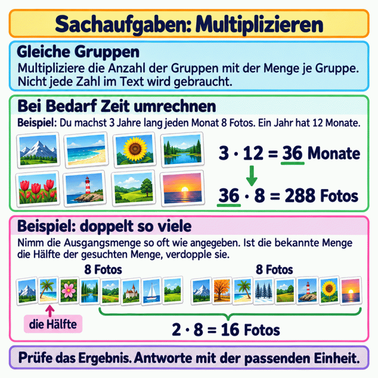 Die Karte erklärt: Anzahl der Gruppen mal Menge je Gruppe ergibt die Gesamtmenge. Nicht jede Zahl im Text wird gebraucht. Im Zeitbeispiel entstehen jeden Monat acht Fotos, drei Jahre lang. Drei mal zwölf ergibt sechsunddreißig Monate; sechsunddreißig mal acht ergibt zweihundertachtundachtzig Fotos. Ein zweites Beispiel zeigt zwei Gruppen mit je acht Fotos, insgesamt sechzehn. Eine Gruppe ist die Hälfte der Gesamtmenge. Ist die Hälfte bekannt, wird sie verdoppelt. Zum Schluss werden Ergebnis und passende Einheit geprüft. Sachaufgaben: Multiplizieren Gleiche Gruppen: Multipliziere die Anzahl der Gruppen mit der Menge je Gruppe. Nicht jede Zahl im Text wird gebraucht. Bei Bedarf Zeit umrechnen: Beispiel: Du machst 3 Jahre lang jeden Monat 8 Fotos. Ein Jahr hat 12 Monate. Beispiel: doppelt so viele: Nimm die Ausgangsmenge so oft wie angegeben. Ist die bekannte Menge die Hälfte der gesuchten Menge, verdopple sie. Prüfe das Ergebnis. Antworte mit der passenden Einheit. 3 · 12 = 36 Monate 36 · 8 = 288 Fotos 8 Fotos die Hälfte 2 · 8 = 16 Fotos