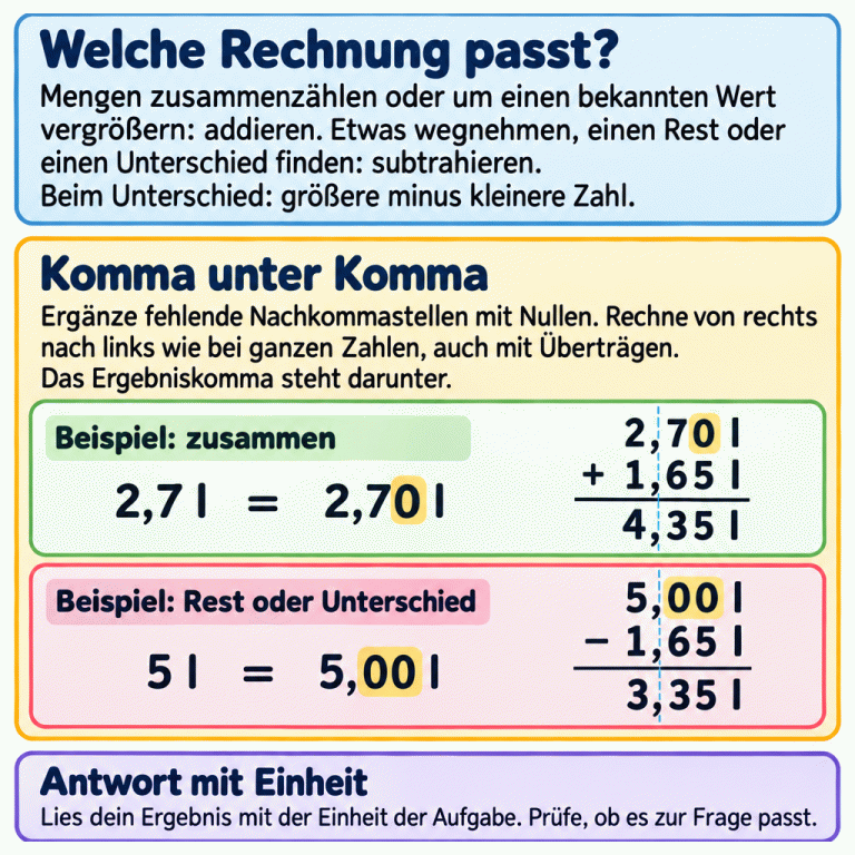 Bei Gesamtsummen und bekannten Zuwächsen wird addiert, bei Abnahmen, Resten und Unterschieden subtrahiert. Für den Unterschied rechnest du größere minus kleinere Zahl. Zwei Lehrbeispiele zeigen das Ergänzen von Nullen: 2,7 Liter sind 2,70 Liter; 2,70 Liter plus 1,65 Liter ergeben 4,35 Liter. 5 Liter sind 5,00 Liter; 5,00 Liter minus 1,65 Liter ergeben 3,35 Liter. In den schriftlichen Rechnungen stehen Kommas und gleiche Stellen untereinander. Du rechnest von rechts nach links und beachtest Überträge. Lies dein Ergebnis mit der Einheit der Aufgabe und prüfe, ob es zur Frage passt. Welche Rechnung passt?: Mengen zusammenzählen oder um einen bekannten Wert vergrößern: addieren. Etwas wegnehmen, einen Rest oder einen Unterschied finden: subtrahieren. Beim Unterschied: größere minus kleinere Zahl. Komma unter Komma: Ergänze fehlende Nachkommastellen mit Nullen. Rechne von rechts nach links wie bei ganzen Zahlen, auch mit Überträgen. Das Ergebniskomma steht darunter. Antwort mit Einheit: Lies dein Ergebnis mit der Einheit der Aufgabe. Prüfe, ob es zur Frage passt. Beispiel: zusammen Beispiel: Rest oder Unterschied 2,7 l 2,70 l 1,65 l 4,35 l 5 l 5,00 l 3,35 l + − =