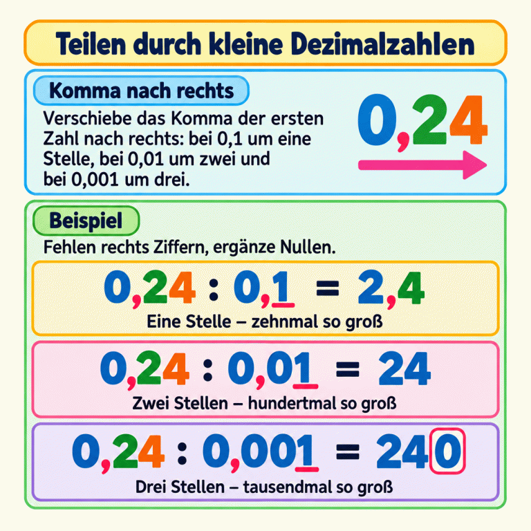 Lernkarte zum Teilen durch 0,1, 0,01 und 0,001: Das Komma der ersten Zahl rückt eine, zwei oder drei Stellen nach rechts. Im Beispiel wird aus 0,24 entsprechend 2,4, 24 und 240. Die Ergebnisse sind zehnmal, hundertmal oder tausendmal so groß. Die letzte Null in 240 zeigt, wie fehlende Ziffern rechts ergänzt werden. Teilen durch kleine Dezimalzahlen Komma nach rechts: Verschiebe das Komma der ersten Zahl nach rechts: bei 0,1 um eine Stelle, bei 0,01 um zwei und bei 0,001 um drei. Beispiel: Fehlen rechts Ziffern, ergänze Nullen. 0,24 : 0,1 = 2,4 Eine Stelle – zehnmal so groß 0,24 : 0,01 = 24 Zwei Stellen – hundertmal so groß 0,24 : 0,001 = 240 Drei Stellen – tausendmal so groß 0,24