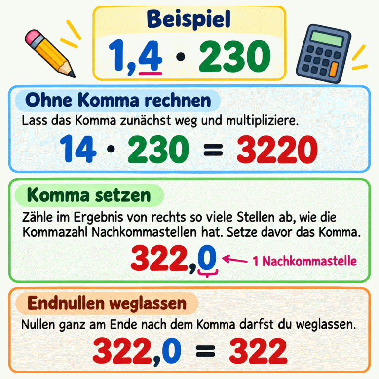 Ein durchgehendes Beispiel: 1,4 mal 230. Zuerst wird ohne Komma gerechnet: 14 mal 230 ist 3220. Weil 1,4 eine Nachkommastelle hat, wird im Ergebnis von rechts eine Stelle abgetrennt: 322,0. Die Null nach dem Komma kann entfallen. Das Ergebnis ist 322. Ohne Komma rechnen: Lass das Komma zunächst weg und multipliziere. Komma setzen: Zähle im Ergebnis von rechts so viele Stellen ab, wie die Kommazahl Nachkommastellen hat. Setze davor das Komma. Endnullen weglassen: Nullen ganz am Ende nach dem Komma darfst du weglassen. Beispiel 1,4 230 · 14 = 3220 322,0 1 Nachkommastelle 322