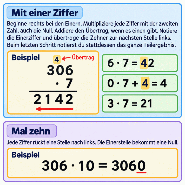 Zwei gekennzeichnete Beispiele erklären die Multiplikation. Bei 306 mal 7 beginnt die Rechnung rechts: 6 mal 7 ist 42. Die 2 wird notiert, die 4 zur Zehnerstelle übertragen. Null mal 7 plus 4 ist 4. Zuletzt ist 3 mal 7 gleich 21; dieses Teilergebnis wird vollständig links geschrieben. Das Ergebnis ist 2142. Beim zweiten Beispiel ergibt 306 mal 10 die Zahl 3060: Jede Ziffer rückt eine Stelle nach links, und die Einerstelle bekommt eine Null. Mit einer Ziffer: Beginne rechts bei den Einern. Multipliziere jede Ziffer mit der zweiten Zahl, auch die Null. Addiere den Übertrag, wenn es einen gibt. Notiere die Einerziffer und übertrage die Zehner zur nächsten Stelle links. Beim letzten Schritt notierst du stattdessen das ganze Teilergebnis. Mal zehn: Jede Ziffer rückt eine Stelle nach links. Die Einerstelle bekommt eine Null. Beispiel Übertrag 4 306 · 7 2142 6 · 7 = 42 0 · 7 + 4 = 4 3 · 7 = 21 306 · 10 = 3060