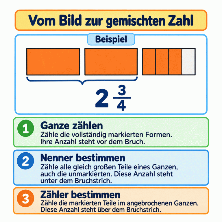Ein Lehrbeispiel zeigt zwei vollständig markierte Rechtecke und ein gleich großes Rechteck mit vier gleich großen Teilflächen. Drei dieser Teilflächen sind markiert. Dazu steht die gemischte Zahl zwei und drei Viertel. Drei Textabschnitte erklären das Zählen der Ganzen sowie die Bestimmung von Nenner und Zähler. Vom Bild zur gemischten Zahl Ganze zählen: Zähle die vollständig markierten Formen. Ihre Anzahl steht vor dem Bruch. Nenner bestimmen: Zähle alle gleich großen Teile eines Ganzen, auch die unmarkierten. Diese Anzahl steht unter dem Bruchstrich. Zähler bestimmen: Zähle die markierten Teile im angebrochenen Ganzen. Diese Anzahl steht über dem Bruchstrich. Beispiel 2 3 4 1 2 3
