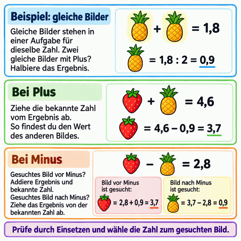 Ein Rechenbeispiel mit Ananas- und Erdbeerbildern. Gleiche Bilder stehen in einer Aufgabe für dieselbe Zahl. Ananas plus Ananas ergibt 1,8; Halbieren ergibt 0,9 für eine Ananas. Erdbeere plus Ananas ergibt 4,6; 4,6 minus 0,9 ergibt 3,7 für die Erdbeere. Bei Erdbeere minus Ananas gleich 2,8 gibt es zwei Umkehraufgaben: Ist die Erdbeere gesucht, rechne 2,8 plus 0,9 gleich 3,7. Ist die Ananas gesucht, rechne 3,7 minus 2,8 gleich 0,9. Zum Schluss durch Einsetzen prüfen und die Zahl zum gesuchten Bild wählen. Beispiel: gleiche Bilder: Gleiche Bilder stehen in einer Aufgabe für dieselbe Zahl. Zwei gleiche Bilder mit Plus? Halbiere das Ergebnis. Bei Plus: Ziehe die bekannte Zahl vom Ergebnis ab. So findest du den Wert des anderen Bildes. Bei Minus: Gesuchtes Bild vor Minus? Addiere Ergebnis und bekannte Zahl. Gesuchtes Bild nach Minus? Ziehe das Ergebnis von der bekannten Zahl ab. Prüfe durch Einsetzen und wähle die Zahl zum gesuchten Bild. + = 1,8 = 1,8 : 2 = 0,9 = 4,6 = 4,6 − 0,9 = 3,7 − = 2,8 = 2,8 + 0,9 = 3,7 = 3,7 − 2,8 = 0,9 Bild vor Minus ist gesucht: Bild nach Minus ist gesucht: