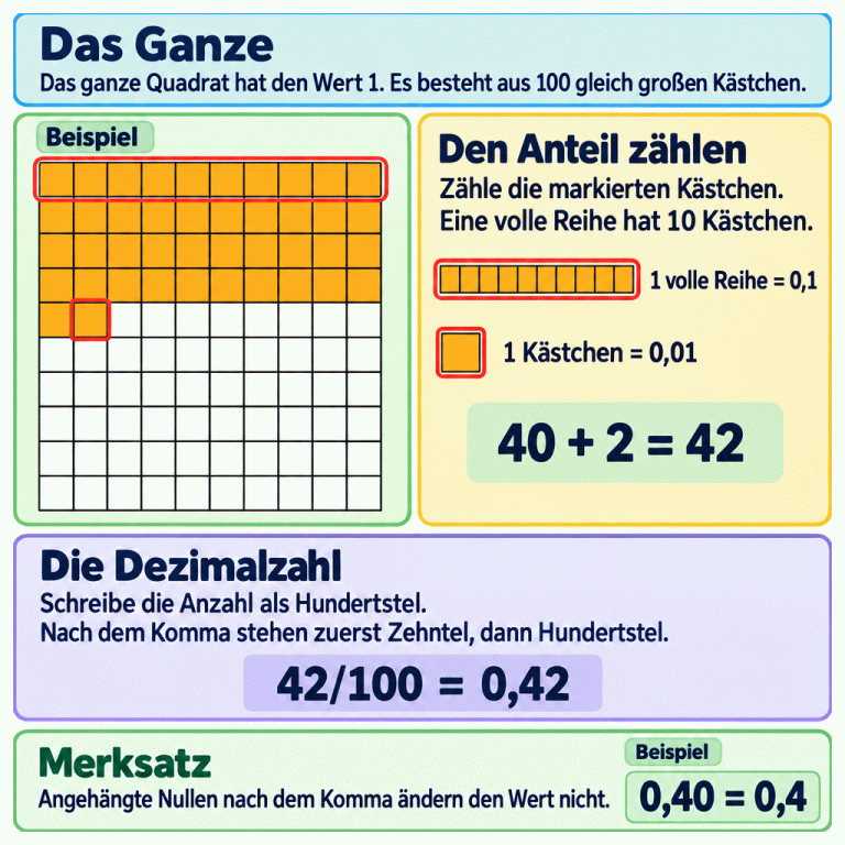 Ein Quadrat aus 100 gleich großen Kästchen stellt ein Ganzes dar. Im Lernbeispiel sind 42 Kästchen markiert: vier volle Reihen und zwei einzelne Kästchen. Ein Kästchen entspricht 0,01, eine volle Reihe 0,1. 42 Hundertstel sind 0,42. Nach dem Komma stehen zuerst Zehntel, dann Hundertstel. Ein getrenntes Zahlenbeispiel zeigt: 0,40 und 0,4 haben denselben Wert. Das Ganze: Das ganze Quadrat hat den Wert 1. Es besteht aus 100 gleich großen Kästchen. Den Anteil zählen: Zähle die markierten Kästchen. Eine volle Reihe hat 10 Kästchen. Die Dezimalzahl: Schreibe die Anzahl als Hundertstel. Nach dem Komma stehen zuerst Zehntel, dann Hundertstel. Angehängte Nullen nach dem Komma ändern den Wert nicht. Beispiel 1 volle Reihe = 0,1 1 Kästchen = 0,01 40 + 2 = 42 42/100 = 0,42 0,40 = 0,4 Merksatz