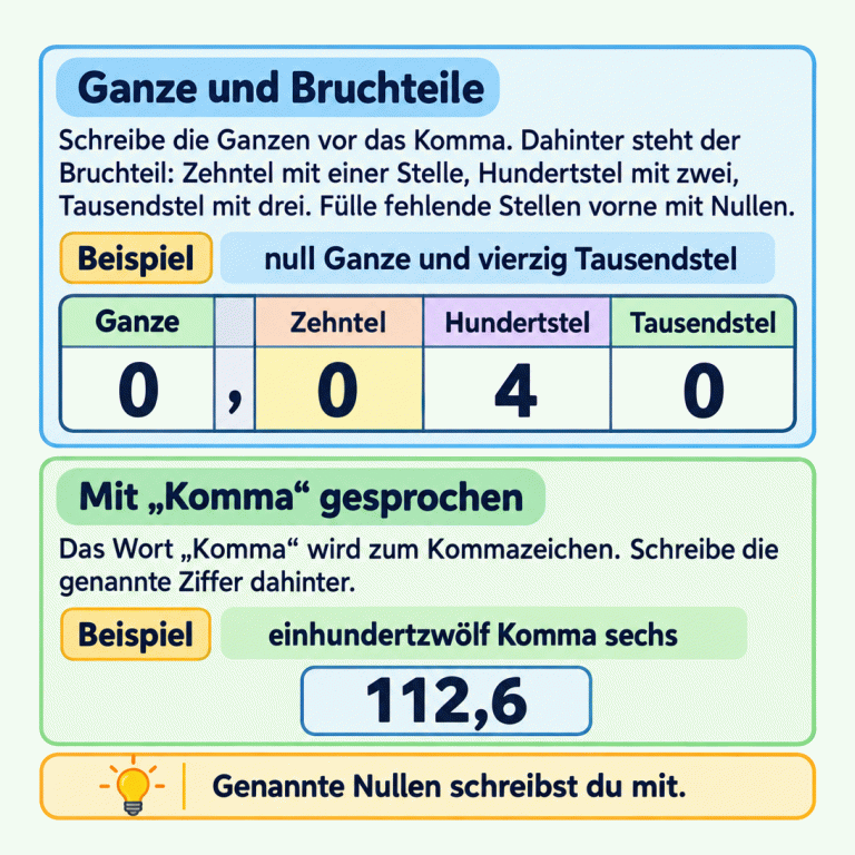 Zwei Lehrbeispiele zum Schreiben von Dezimalzahlen. Ganze stehen vor dem Komma. Für Zehntel nutzt du eine Nachkommastelle, für Hundertstel zwei und für Tausendstel drei. Das Stellenwertbild zu „null Ganze und vierzig Tausendstel“ zeigt 0,040: null Ganze, null Zehntel, vier Hundertstel und null Tausendstel. Fehlende vordere Stellen werden mit Nullen gefüllt. Darunter wird „einhundertzwölf Komma sechs“ als 112,6 geschrieben. Genannte Nullen werden mitgeschrieben. Ganze und Bruchteile: Schreibe die Ganzen vor das Komma. Dahinter steht der Bruchteil: Zehntel mit einer Stelle, Hundertstel mit zwei, Tausendstel mit drei. Fülle fehlende Stellen vorne mit Nullen. Mit „Komma“ gesprochen: Das Wort „Komma“ wird zum Kommazeichen. Schreibe die genannte Ziffer dahinter. Genannte Nullen schreibst du mit. Beispiel null Ganze und vierzig Tausendstel Ganze Zehntel Hundertstel Tausendstel , 4 einhundertzwölf Komma sechs 112,6