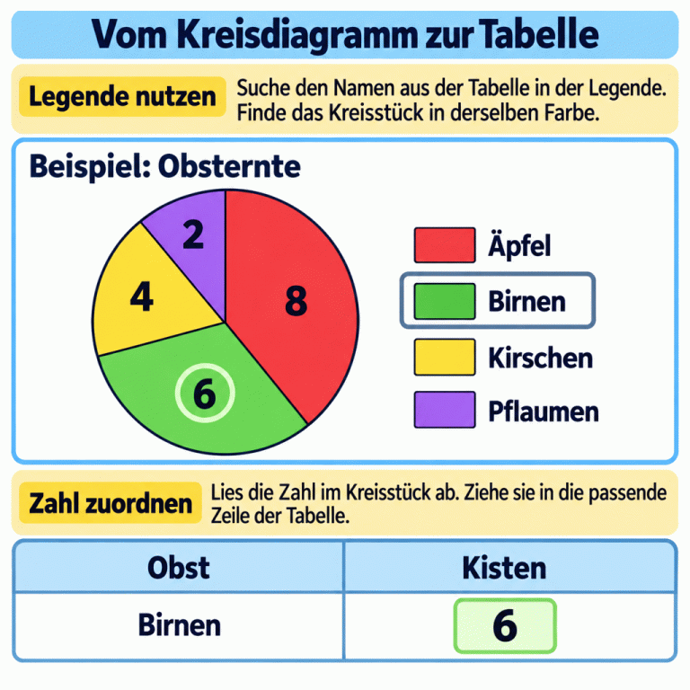 Lehrbeispiel zur Obsternte: Das Kreisdiagramm zeigt 8 Kisten Äpfel, 6 Kisten Birnen, 4 Kisten Kirschen und 2 Kisten Pflaumen. Die Farben stimmen mit den Farbfeldern der Legende überein. Beim hervorgehobenen Namen Birnen führt die Legendenfarbe zum Kreisstück mit der Zahl 6. In der Beispielzeile der Tabelle steht deshalb bei Birnen unter Kisten ebenfalls 6. Vom Kreisdiagramm zur Tabelle Legende nutzen: Suche den Namen aus der Tabelle in der Legende. Finde das Kreisstück in derselben Farbe. Zahl zuordnen: Lies die Zahl im Kreisstück ab. Ziehe sie in die passende Zeile der Tabelle. Beispiel: Obsternte 8 6 4 2 Äpfel Birnen Kirschen Pflaumen Obst Kisten