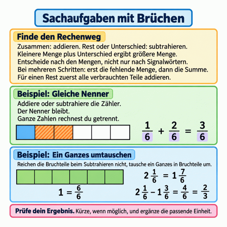 Sachaufgaben mit Brüchen: Bestimme zuerst, welche Menge gesucht ist. Addiere für eine Summe und subtrahiere für einen Rest oder Unterschied. Eine größere Menge erhältst du aus kleinerer Menge plus Unterschied. Bei mehrschrittigen Aufgaben berechnest du zuerst die fehlende Menge. Ein in sechs gleiche Teile geteilter Streifen zeigt: Ein Sechstel plus zwei Sechstel ergibt drei Sechstel. Der Nenner bleibt gleich. Ein vollständig gefüllter Streifen zeigt: Ein Ganzes sind sechs Sechstel. Beim Subtrahieren kannst du deshalb zwei Ganze und ein Sechstel in ein Ganzes und sieben Sechstel umtauschen. Zwei Ganze und ein Sechstel minus ein Ganzes und drei Sechstel ergibt vier Sechstel, gekürzt zwei Drittel. Prüfe das Ergebnis und ergänze die passende Einheit. Sachaufgaben mit Brüchen Finde den Rechenweg: Zusammen: addieren. Rest oder Unterschied: subtrahieren. Kleinere Menge plus Unterschied ergibt größere Menge. Entscheide nach den Mengen, nicht nur nach Signalwörtern. Bei mehreren Schritten: erst die fehlende Menge, dann die Summe. Für einen Rest zuerst alle verbrauchten Teile addieren. Beispiel: Gleiche Nenner: Addiere oder subtrahiere die Zähler. Der Nenner bleibt. Ganze Zahlen rechnest du getrennt. Beispiel: Ein Ganzes umtauschen: Reichen die Bruchteile beim Subtrahieren nicht, tausche ein Ganzes in Bruchteile um. Prüfe dein Ergebnis. Kürze, wenn möglich, und ergänze die passende Einheit. 1/6 + 2/6 = 3/6 1 = 6/6 2 1/6 = 1 7/6 2 1/6 − 1 3/6 = 4/6 = 2/3