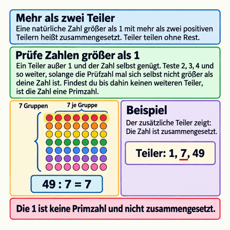 Zusammengesetzte natürliche Zahlen sind größer als 1 und haben mehr als zwei positive Teiler. Ein Teiler außer 1 und der Zahl selbst genügt. Geprüft werden 2, 3, 4 und weitere Kandidaten, solange die Prüfzahl mal sich selbst nicht größer als die Ausgangszahl ist. Ohne weiteren Teiler nach dieser Prüfung ist die Zahl prim. Das Beispiel zeigt 49 Plättchen in sieben Gruppen zu sieben, die Rechnung 49 : 7 = 7 und die Teiler 1, 7 und 49. Deshalb ist 49 zusammengesetzt. Die 1 ist keine Primzahl und nicht zusammengesetzt. Mehr als zwei Teiler: Eine natürliche Zahl größer als 1 mit mehr als zwei positiven Teilern heißt zusammengesetzt. Teiler teilen ohne Rest. Prüfe Zahlen größer als 1: Ein Teiler außer 1 und der Zahl selbst genügt. Teste 2, 3, 4 und so weiter, solange die Prüfzahl mal sich selbst nicht größer als deine Zahl ist. Findest du bis dahin keinen weiteren Teiler, ist die Zahl eine Primzahl. Beispiel: Der zusätzliche Teiler zeigt: Die Zahl ist zusammengesetzt. Die 1 ist keine Primzahl und nicht zusammengesetzt. 7 49 : 7 = 7 Teiler: 1, 7, 49 Gruppen je Gruppe