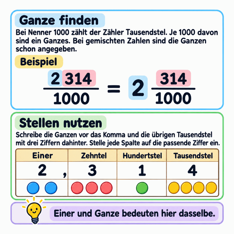 Ein Lehrbeispiel zeigt: 2314 Tausendstel sind zwei Ganze und 314 Tausendstel. Die Stellenwerttafel stellt dieselbe Zahl als 2,314 dar: 2 Einer, 3 Zehntel, 1 Hundertstel und 4 Tausendstel. Passende Plättchenstapel zeigen diese Anzahlen. Die Texte erklären das Bündeln zu Ganzen und das Einstellen der vier Spalten. Ganze finden: Bei Nenner 1000 zählt der Zähler Tausendstel. Je 1000 davon sind ein Ganzes. Bei gemischten Zahlen sind die Ganzen schon angegeben. Stellen nutzen: Schreibe die Ganzen vor das Komma und die übrigen Tausendstel mit drei Ziffern dahinter. Stelle jede Spalte auf die passende Ziffer ein. Einer und Ganze bedeuten hier dasselbe. Beispiel 2314 1000 = 2 314 Einer Zehntel Hundertstel Tausendstel 2,314