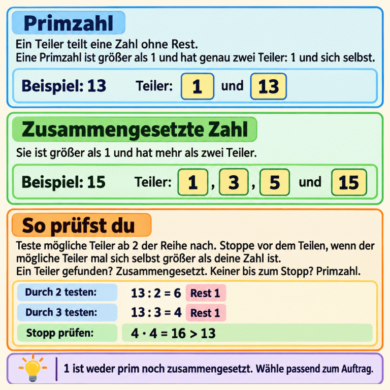 Eine Primzahl ist größer als 1 und hat genau zwei Teiler. Das Lehrbeispiel 13 hat nur die Teiler 1 und 13. Eine zusammengesetzte Zahl ist größer als 1 und hat mehr als zwei Teiler. Das Lehrbeispiel 15 hat die Teiler 1, 3, 5 und 15. Ein Teiler teilt ohne Rest. Prüfe mögliche Teiler ab 2 der Reihe nach. Bei 13 ergeben die Divisionen durch 2 und durch 3 jeweils Rest 1. Danach reicht die Prüfung: 4 mal 4 ist 16 und damit größer als 13. Ohne gefundenen Teiler ist 13 prim. 1 ist weder prim noch zusammengesetzt. Wähle je nach Auftrag Primzahlen oder zusammengesetzte Zahlen. Primzahl: Ein Teiler teilt eine Zahl ohne Rest. Eine Primzahl ist größer als 1 und hat genau zwei Teiler: 1 und sich selbst. Zusammengesetzte Zahl: Sie ist größer als 1 und hat mehr als zwei Teiler. So prüfst du: Teste mögliche Teiler ab 2 der Reihe nach. Stoppe vor dem Teilen, wenn der mögliche Teiler mal sich selbst größer als deine Zahl ist. Ein Teiler gefunden? Zusammengesetzt. Keiner bis zum Stopp? Primzahl. 1 ist weder prim noch zusammengesetzt. Wähle passend zum Auftrag. Beispiel: 13 Teiler: 1 und 13 Beispiel: 15 1, 3, 5 und 15 13 : 2 = 6 Rest 1 13 : 3 = 4 Rest 1 4 · 4 = 16 > 13 Durch 2 testen: Durch 3 testen: Stopp prüfen: