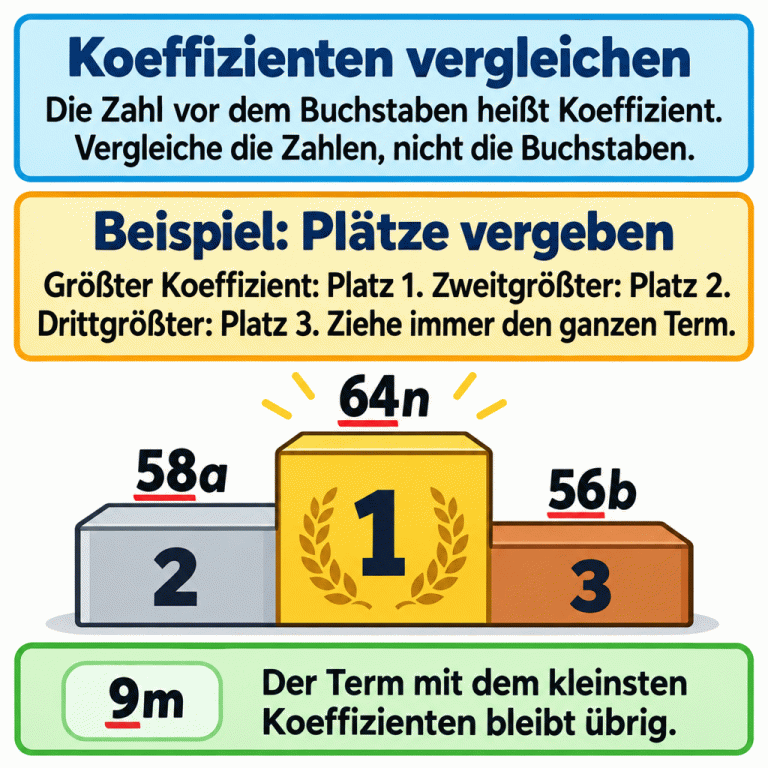 Ein Lehrbeispiel erklärt: Der Koeffizient ist die Zahl vor dem Buchstaben. Verglichen werden die Zahlen, nicht die Buchstaben. Auf dem Siegertreppchen gehört 64n zu Platz 1, 58a zu Platz 2 und 56b zu Platz 3. Der Term 9m hat den kleinsten Koeffizienten und bleibt übrig. Platziert werden immer die vollständigen Terme. Koeffizienten vergleichen: Die Zahl vor dem Buchstaben heißt Koeffizient. Vergleiche die Zahlen, nicht die Buchstaben. Beispiel: Plätze vergeben: Größter Koeffizient: Platz 1. Zweitgrößter: Platz 2. Drittgrößter: Platz 3. Ziehe immer den ganzen Term. Der Term mit dem kleinsten Koeffizienten bleibt übrig. 64n 58a 56b 9m 1 2 3