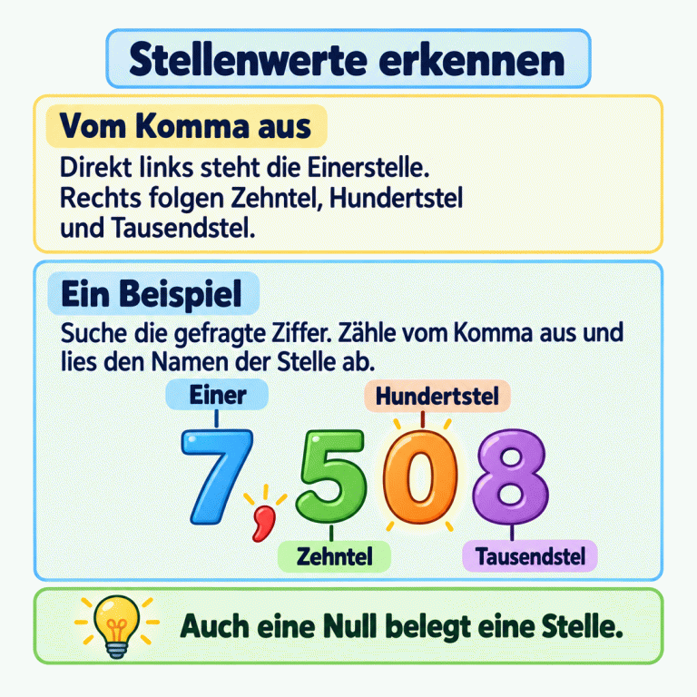 Lernkarte zu Stellenwerten. Direkt links vom Komma liegt die Einerstelle. Rechts folgen Zehntel, Hundertstel und Tausendstel. Im Lehrbeispiel 7,508 steht die 7 an der Einerstelle, die 5 an der Zehntelstelle, die 0 an der Hundertstelstelle und die 8 an der Tausendstelstelle. Auch die Null wird als Stelle mitgezählt. Stellenwerte erkennen Vom Komma aus: Direkt links steht die Einerstelle. Rechts folgen Zehntel, Hundertstel und Tausendstel. Ein Beispiel: Suche die gefragte Ziffer. Zähle vom Komma aus und lies den Namen der Stelle ab. Auch eine Null belegt eine Stelle. 7,508 Einer Zehntel Hundertstel Tausendstel