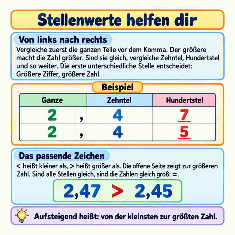 Lernkarte zum Vergleichen von Dezimalzahlen. Zuerst werden die ganzen Teile verglichen, bei Gleichheit die Zehntel, dann die Hundertstel und weitere Stellen. Eine Stellenwerttafel zeigt das Beispiel 2,47 und 2,45. Ganze und Zehntel stimmen überein; die Hundertstel 7 und 5 sind unterschiedlich und unterstrichen. Deshalb gilt 2,47 > 2,45. Die offene Seite des Zeichens zeigt zur größeren Zahl. Bei gleichen Werten gilt das Gleichheitszeichen. Aufsteigend bedeutet von der kleinsten zur größten Zahl. Stellenwerte helfen dir Von links nach rechts: Vergleiche zuerst die ganzen Teile vor dem Komma. Der größere macht die Zahl größer. Sind sie gleich, vergleiche Zehntel, Hundertstel und so weiter. Die erste unterschiedliche Stelle entscheidet: Größere Ziffer, größere Zahl. Das passende Zeichen: < heißt kleiner als, > heißt größer als. Die offene Seite zeigt zur größeren Zahl. Sind alle Stellen gleich, sind die Zahlen gleich groß: =. Aufsteigend heißt: von der kleinsten zur größten Zahl. Beispiel Ganze Zehntel Hundertstel 2,47 2,45 >