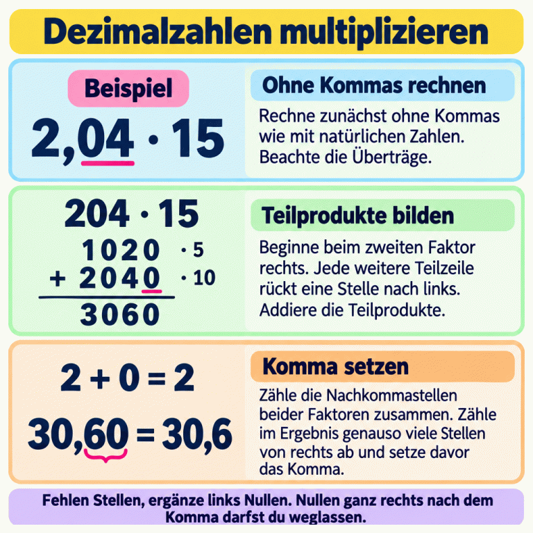 Ein Lehrbeispiel zeigt 2,04 mal 15. Zunächst wird ohne Komma gerechnet: 204 mal 15. Die stellenwertgerecht ausgerichteten Teilprodukte 1020 und 2040 ergeben 3060. Die Faktoren haben zusammen zwei Nachkommastellen: zwei plus null. Daher lautet das Ergebnis zunächst 30,60, gleichwertig 30,6. Fehlende Stellen werden links mit Nullen ergänzt; abschließende Nachkommanullen dürfen entfallen. Dezimalzahlen multiplizieren Ohne Kommas rechnen: Rechne zunächst ohne Kommas wie mit natürlichen Zahlen. Beachte die Überträge. Teilprodukte bilden: Beginne beim zweiten Faktor rechts. Jede weitere Teilzeile rückt eine Stelle nach links. Addiere die Teilprodukte. Komma setzen: Zähle die Nachkommastellen beider Faktoren zusammen. Zähle im Ergebnis genauso viele Stellen von rechts ab und setze davor das Komma. Fehlen Stellen, ergänze links Nullen. Nullen ganz rechts nach dem Komma darfst du weglassen. Beispiel 2,04 · 15 204 · 15 1020 + 2040 3060 · 5 · 10 2 + 0 = 2 30,60 = 30,6