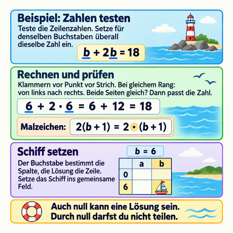 Ein durchgehendes Beispiel zeigt die Gleichung b + 2b = 18. Beide b werden durch 6 ersetzt. Zuerst wird multipliziert, danach addiert; der Wert ist 18. Eine kurze Lesehilfe zeigt das mitgedachte Malzeichen vor einer Klammer. Im Beispielraster steht ein Segelboot im gemeinsamen Feld der Spalte b und der Zeile 6. Der Merksatz erklärt: Null kann eine Lösung sein, aber durch null darf nicht geteilt werden. Beispiel: Zahlen testen: Teste die Zeilenzahlen. Setze für denselben Buchstaben überall dieselbe Zahl ein. Rechnen und prüfen: Klammern vor Punkt vor Strich. Bei gleichem Rang: von links nach rechts. Beide Seiten gleich? Dann passt die Zahl. Schiff setzen: Der Buchstabe bestimmt die Spalte, die Lösung die Zeile. Setze das Schiff ins gemeinsame Feld. Auch null kann eine Lösung sein. Durch null darfst du nicht teilen. b + 2b = 18 6 + 2 · 6 = 6 + 12 = 18 Malzeichen: 2(b + 1) = 2 · (b + 1) b = 6 a b 6