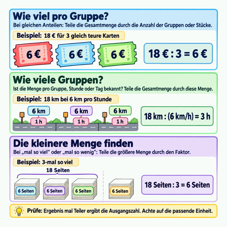 Drei Lehrbeispiele zur Division: Drei gleich teure Karten kosten zusammen 18 € und jeweils 6 €. Eine Strecke von 18 km bei 6 km pro Stunde dauert 3 Stunden, dargestellt durch drei Stundenetappen. 18 Seiten sind dreimal so viele wie 6 Seiten, dargestellt durch drei Felder mit je 6 Seiten und ein einzelnes solches Feld. Teile je nach Frage durch die Anzahl, die Menge pro Gruppe oder Zeiteinheit oder den Vergleichsfaktor. Prüfe mit Multiplikation und achte auf die passende Einheit. Wie viel pro Gruppe?: Bei gleichen Anteilen: Teile die Gesamtmenge durch die Anzahl der Gruppen oder Stücke. Wie viele Gruppen?: Ist die Menge pro Gruppe, Stunde oder Tag bekannt? Teile die Gesamtmenge durch diese Menge. Die kleinere Menge finden: Bei „mal so viel“ oder „mal so wenig“: Teile die größere Menge durch den Faktor. Prüfe: Ergebnis mal Teiler ergibt die Ausgangszahl. Achte auf die passende Einheit. Beispiel: 18 € für 3 gleich teure Karten 6 € 18 € : 3 = 6 € Beispiel: 18 km bei 6 km pro Stunde 6 km 1 h 18 km : (6 km/h) = 3 h Beispiel: 3-mal so viel 18 Seiten 6 Seiten 18 Seiten : 3 = 6 Seiten