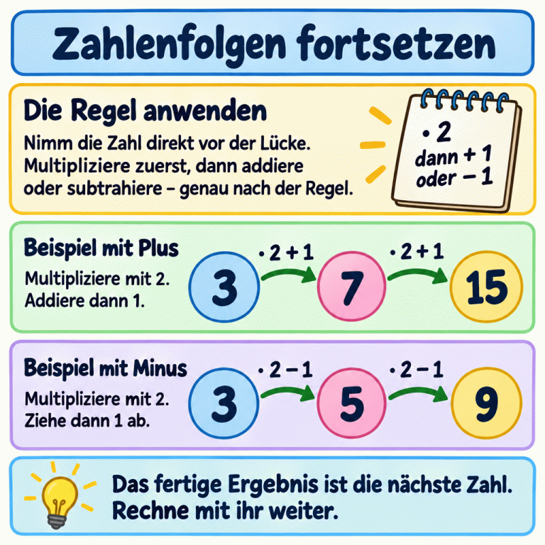Eine Anleitung zum Fortsetzen von Zahlenfolgen: Auf die Zahl direkt vor der Lücke wird die ganze Regel angewendet, zuerst die Multiplikation, danach die Addition oder Subtraktion. Zwei Beispielketten zeigen 3, 7, 15 mit der Regel „mal 2, dann plus 1“ und 3, 5, 9 mit der Regel „mal 2, dann minus 1“. Jedes fertige Ergebnis ist die Ausgangszahl für den nächsten Schritt. Zahlenfolgen fortsetzen Die Regel anwenden: Nimm die Zahl direkt vor der Lücke. Multipliziere zuerst, dann addiere oder subtrahiere – genau nach der Regel. Beispiel mit Plus: Multipliziere mit 2. Addiere dann 1. Beispiel mit Minus: Multipliziere mit 2. Ziehe dann 1 ab. Das fertige Ergebnis ist die nächste Zahl. Rechne mit ihr weiter. 3 7 15 5 9 · 2 + 1 · 2 − 1 · 2 dann + 1 oder − 1