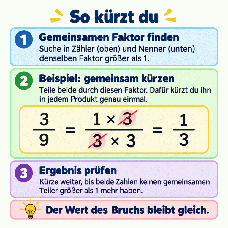Anleitung zum Kürzen von Brüchen: Suche einen gemeinsamen Faktor größer als 1 und teile Zähler und Nenner durch ihn. Das Beispiel zeigt drei Neuntel als eins mal drei über drei mal drei. Je ein Faktor drei wird gekürzt. Es bleibt ein Drittel. Die weitere drei im Nenner und die eins im Zähler bleiben erhalten. Kürze weiter, wenn noch ein gemeinsamer Teiler größer als 1 vorhanden ist. Der Wert des Bruchs bleibt gleich. So kürzt du Gemeinsamen Faktor finden: Suche in Zähler (oben) und Nenner (unten) denselben Faktor größer als 1. Beispiel: gemeinsam kürzen: Teile beide durch diesen Faktor. Dafür kürzt du ihn in jedem Produkt genau einmal. Ergebnis prüfen: Kürze weiter, bis beide Zahlen keinen gemeinsamen Teiler größer als 1 mehr haben. Der Wert des Bruchs bleibt gleich. 3 9 1 × = 1 2 3