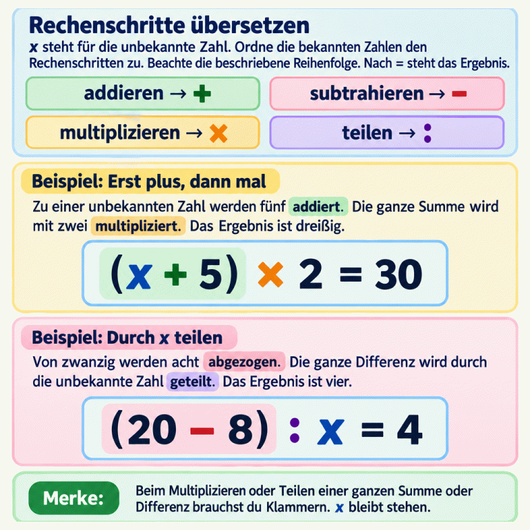 Zwei Lehrbeispiele zeigen, wie aus einem Text eine Gleichung wird: (x + 5) × 2 = 30 und (20 − 8) : x = 4. x steht für die unbekannte Zahl; im zweiten Beispiel wird durch x geteilt. Klammern umfassen die ganze Summe oder Differenz, mit der anschließend weitergerechnet wird. Eine Übersicht ordnet den vier Rechenarten ihre Zeichen zu. Das angegebene Ergebnis steht nach dem Gleichheitszeichen. x wird nicht ausgerechnet. Rechenschritte übersetzen: x steht für die unbekannte Zahl. Ordne die bekannten Zahlen den Rechenschritten zu. Beachte die beschriebene Reihenfolge. Nach = steht das Ergebnis. Beispiel: Erst plus, dann mal: Zu einer unbekannten Zahl werden fünf addiert. Die ganze Summe wird mit zwei multipliziert. Das Ergebnis ist dreißig. Beispiel: Durch x teilen: Von zwanzig werden acht abgezogen. Die ganze Differenz wird durch die unbekannte Zahl geteilt. Das Ergebnis ist vier. Beim Multiplizieren oder Teilen einer ganzen Summe oder Differenz brauchst du Klammern. x bleibt stehen. addieren → + subtrahieren → − multiplizieren → × teilen → : (x + 5) × 2 = 30 (20 − 8) : x = 4 Merke: