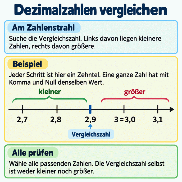 Ein Beispielzahlenstrahl zeigt Zehntelschritte von 2,7 bis 3,1. Die Vergleichszahl 2,9 ist markiert. Links davon liegen kleinere, rechts davon größere Zahlen. Die Beschriftung 3 = 3,0 gehört zu einem einzigen Teilstrich und zeigt zwei Schreibweisen desselben Werts. Wähle alle passenden Zahlen; die Vergleichszahl selbst ist weder kleiner noch größer. Dezimalzahlen vergleichen Am Zahlenstrahl: Suche die Vergleichszahl. Links davon liegen kleinere Zahlen, rechts davon größere. Beispiel: Jeder Schritt ist hier ein Zehntel. Eine ganze Zahl hat mit Komma und Null denselben Wert. Alle prüfen: Wähle alle passenden Zahlen. Die Vergleichszahl selbst ist weder kleiner noch größer. 2,7 2,8 2,9 3 = 3,0 3,1 kleiner größer Vergleichszahl