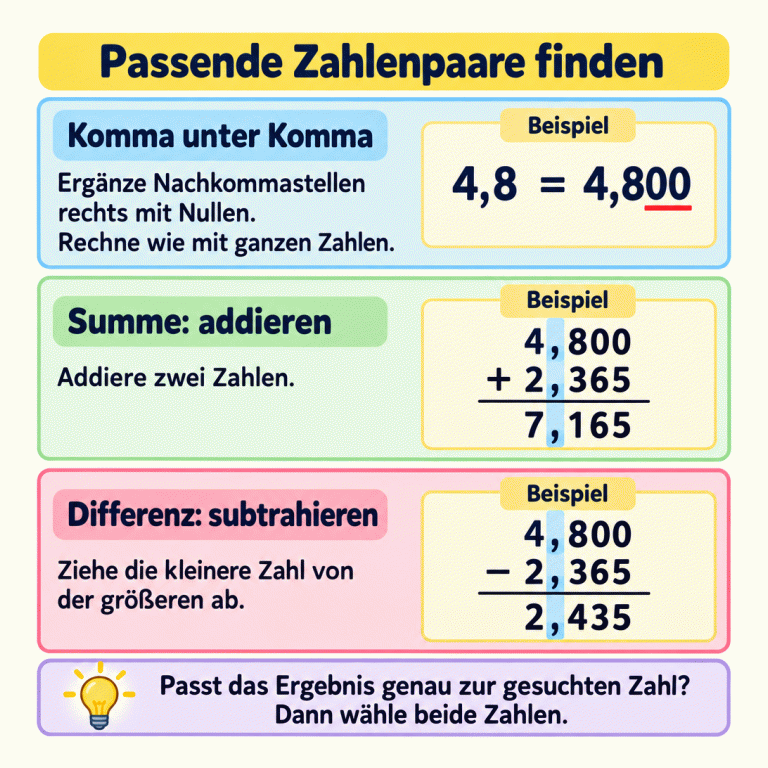 Die Karte erklärt das Prüfen passender Zahlenpaare. Schreibe Komma unter Komma und ergänze Nachkommastellen rechts mit Nullen. Das Beispiel 4,8 = 4,800 zeigt, dass der Wert dabei gleich bleibt. Zwei schriftliche Rechnungen verwenden dasselbe Zahlenpaar: 4,800 plus 2,365 ergibt 7,165. 4,800 minus 2,365 ergibt 2,435. Für die positive Differenz wird die kleinere Zahl von der größeren abgezogen. Wähle beide Zahlen, wenn das Ergebnis genau mit der gesuchten Zahl übereinstimmt. Passende Zahlenpaare finden Komma unter Komma: Ergänze Nachkommastellen rechts mit Nullen. Rechne wie mit ganzen Zahlen. Summe: addieren: Addiere zwei Zahlen. Differenz: subtrahieren: Ziehe die kleinere Zahl von der größeren ab. Passt das Ergebnis genau zur gesuchten Zahl? Dann wähle beide Zahlen. Beispiel 4,8 = 4,800 2,365 + − 7,165 2,435