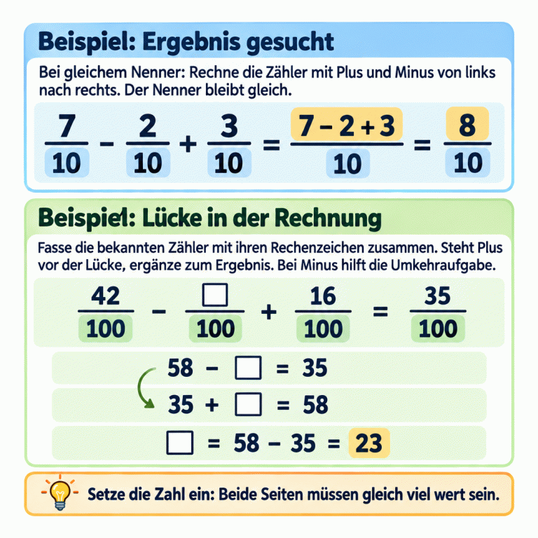 Zwei Rechenbeispiele mit gleichem Nenner. Sieben Zehntel minus zwei Zehntel plus drei Zehntel ergeben acht Zehntel. Nur die Zähler werden verrechnet. Im Hundertstelbeispiel werden die bekannten Zähler zweiundvierzig und sechzehn zu achtundfünfzig zusammengefasst. Es bleibt: achtundfünfzig minus Lücke gleich fünfunddreißig. Die Umkehraufgabe lautet: fünfunddreißig plus Lücke gleich achtundfünfzig. Der fehlende Zähler ist dreiundzwanzig. Zum Prüfen wird die Zahl wieder eingesetzt. Beispiel: Ergebnis gesucht: Bei gleichem Nenner: Rechne die Zähler mit Plus und Minus von links nach rechts. Der Nenner bleibt gleich. Beispiel: Lücke in der Rechnung: Fasse die bekannten Zähler mit ihren Rechenzeichen zusammen. Steht Plus vor der Lücke, ergänze zum Ergebnis. Bei Minus hilft die Umkehraufgabe. Setze die Zahl ein: Beide Seiten müssen gleich viel wert sein. \frac{7}{10} - \frac{2}{10} + \frac{3}{10} = \frac{7 - 2 + 3}{10} = \frac{8}{10} \frac{42}{100} - \frac{\square}{100} + \frac{16}{100} = \frac{35}{100} 58 - \square = 35 35 + \square = 58 \square = 58 - 35 = 23