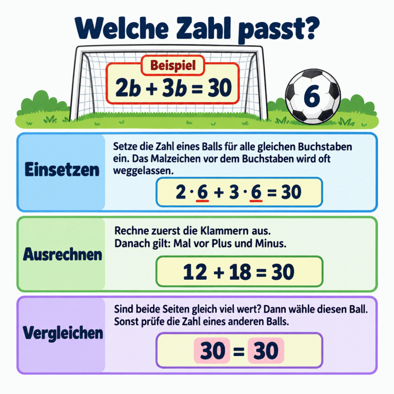 Die Fußballkarte erklärt das Prüfen angebotener Zahlen durch Einsetzen. Im gekennzeichneten Beispiel 2b + 3b = 30 wird die Zahl 6 für beide Buchstaben eingesetzt: 2 · 6 + 3 · 6 = 30. Daraus folgen 12 + 18 = 30 und schließlich 30 = 30. Gleiche Buchstaben erhalten dieselbe Zahl. Klammern werden zuerst berechnet, danach Multiplikationen und zuletzt Additionen oder Subtraktionen. Sind beide Seiten gleich viel wert, wird der zugehörige Ball gewählt; andernfalls wird eine andere angebotene Zahl geprüft. Welche Zahl passt? Einsetzen: Setze die Zahl eines Balls für alle gleichen Buchstaben ein. Das Malzeichen vor dem Buchstaben wird oft weggelassen. Ausrechnen: Rechne zuerst die Klammern aus. Danach gilt: Mal vor Plus und Minus. Vergleichen: Sind beide Seiten gleich viel wert? Dann wähle diesen Ball. Sonst prüfe die Zahl eines anderen Balls. Beispiel 2b + 3b = 30 6 2 · 6 + 3 · 6 = 30 12 + 18 = 30 30 = 30
