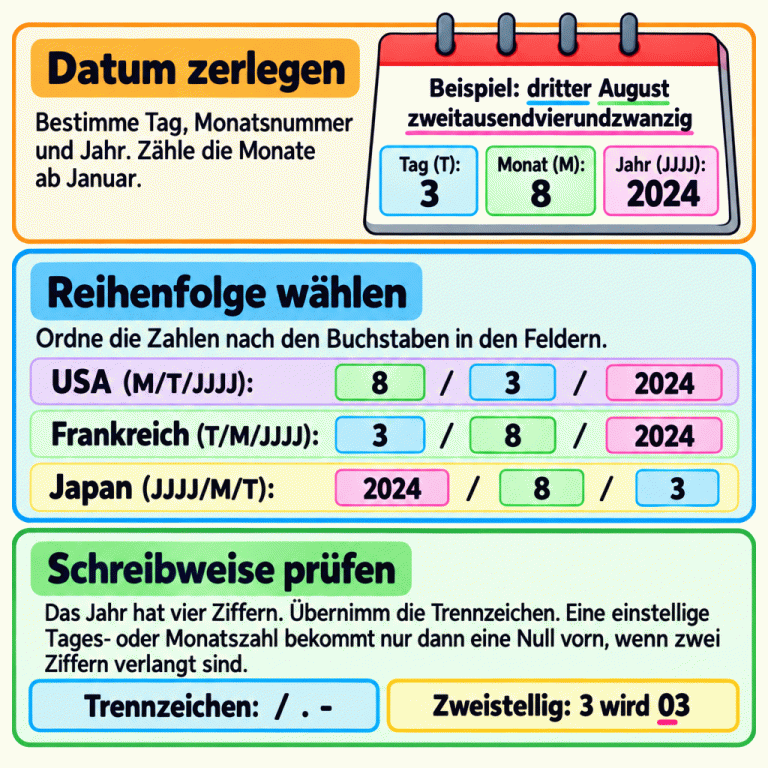 Ein Beispieldatum wird in Tag 3, Monatsnummer 8 und Jahr 2024 zerlegt. Darunter steht dasselbe Datum in drei Reihenfolgen: USA 8/3/2024, Frankreich 3/8/2024 und Japan 2024/8/3. Die Karte erinnert an vierstellige Jahre und die vorgegebenen Trennzeichen. Bei einer einstelligen Tages- oder Monatszahl wird nur bei verlangten zwei Ziffern eine Null vorangestellt: 3 wird 03. Datum zerlegen: Bestimme Tag, Monatsnummer und Jahr. Zähle die Monate ab Januar. Reihenfolge wählen: Ordne die Zahlen nach den Buchstaben in den Feldern. Schreibweise prüfen: Das Jahr hat vier Ziffern. Übernimm die Trennzeichen. Eine einstellige Tages- oder Monatszahl bekommt nur dann eine Null vorn, wenn zwei Ziffern verlangt sind. Beispiel: dritter August zweitausendvierundzwanzig Tag (T): 3 Monat (M): 8 Jahr (JJJJ): 2024 USA (M/T/JJJJ): 8/3/2024 Frankreich (T/M/JJJJ): 3/8/2024 Japan (JJJJ/M/T): 2024/8/3 Trennzeichen: / . - Zweistellig: 3 wird 03