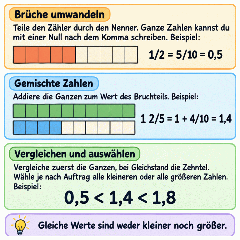 Drei Abschnitte erklären das Vergleichen. Brüche werden durch Teilen des Zählers durch den Nenner umgewandelt; ganze Zahlen können mit einer Null nach dem Komma geschrieben werden. Ein Streifen mit fünf markierten von zehn gleichen Teilen zeigt: ein Halb gleich fünf Zehntel gleich 0,5. Ein ganz markierter Streifen und vier Zehntel eines weiteren zeigen: ein Ganzes und zwei Fünftel gleich 1 plus vier Zehntel gleich 1,4. Verglichen werden zuerst die Ganzen, bei Gleichstand die Zehntel: 0,5 ist kleiner als 1,4, und 1,4 ist kleiner als 1,8. Je nach Auftrag werden alle kleineren oder alle größeren Zahlen gewählt. Gleiche Werte sind weder kleiner noch größer. Brüche umwandeln: Teile den Zähler durch den Nenner. Ganze Zahlen kannst du mit einer Null nach dem Komma schreiben. Beispiel: Gemischte Zahlen: Addiere die Ganzen zum Wert des Bruchteils. Beispiel: Vergleichen und auswählen: Vergleiche zuerst die Ganzen, bei Gleichstand die Zehntel. Wähle je nach Auftrag alle kleineren oder alle größeren Zahlen. Beispiel: Gleiche Werte sind weder kleiner noch größer. 1/2 = 5/10 = 0,5 1 2/5 = 1 + 4/10 = 1,4 0,5 < 1,4 < 1,8