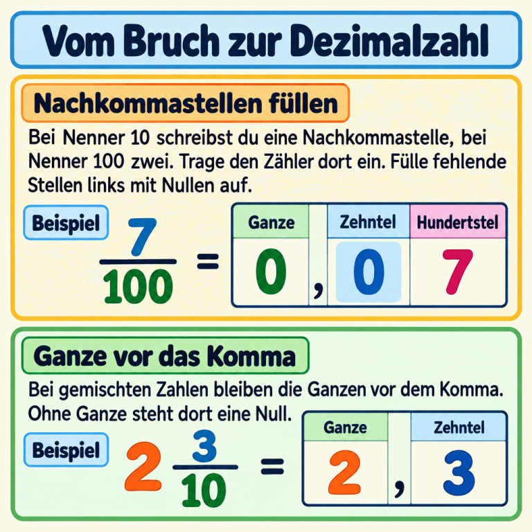 Zwei Beispiele erklären die Umwandlung mit Stellenwerten. Sieben Hundertstel werden zu 0,07: null Ganze, null Zehntel und sieben Hundertstel. Zwei Ganze und drei Zehntel werden zu 2,3. Bei Nenner 10 wird eine Nachkommastelle geschrieben, bei Nenner 100 werden zwei geschrieben. Fehlende Stellen links im Nachkommateil werden mit Nullen gefüllt. Ganze stehen vor dem Komma; ohne Ganze steht dort eine Null. Vom Bruch zur Dezimalzahl Nachkommastellen füllen: Bei Nenner 10 schreibst du eine Nachkommastelle, bei Nenner 100 zwei. Trage den Zähler dort ein. Fülle fehlende Stellen links mit Nullen auf. Ganze vor das Komma: Bei gemischten Zahlen bleiben die Ganzen vor dem Komma. Ohne Ganze steht dort eine Null. Beispiel Ganze Zehntel Hundertstel 7 100 2 3 10 = ,
